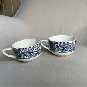 Vintage Currier & Ives Blue Cup Horse and Carriage Coffee Mug USA Made Set Of 2